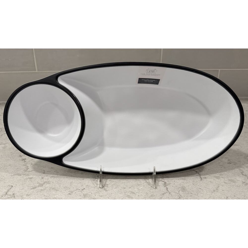 Chip & Dip Melamine Divided Serving Bowl Tray Platter Black Rim Matte White NEW